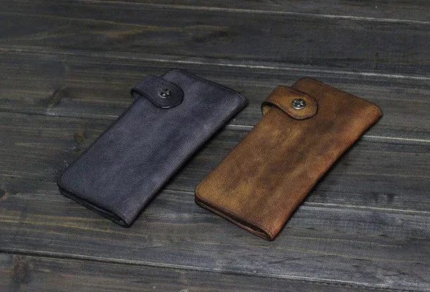 Handmade Men long leather wallet clutch men vintage brown gray wallet for him