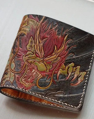 Handmade men Wallet on sale vintage hand carved Azure Dragon leather billfold Wallet on sale for men