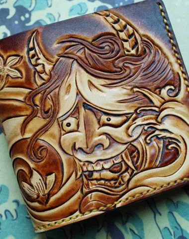 Handmade men Wallet on sale vintage hand carved prajna ghost leather billfold Wallet on sale for men