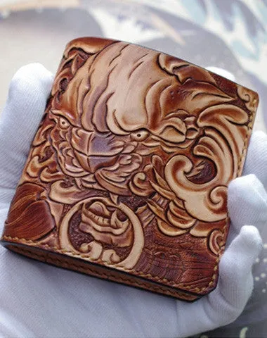 Handmade men Wallet on sale vintage hand painting chinese lion leather billfold Wallet on sale for men