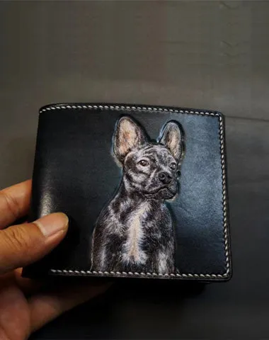 Handmade Mens Leather billfold Wallet on sale Bulldog Dog Tooled Leather Bifold Wallet on sale Slim Wallet on sale for Men