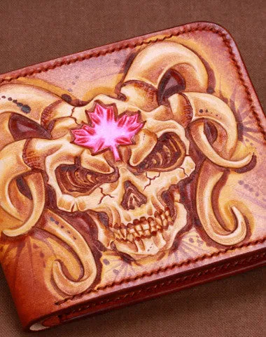 Handmade mens skull small leather wallet tooled carved billfold wallet for him Free shipping wallets