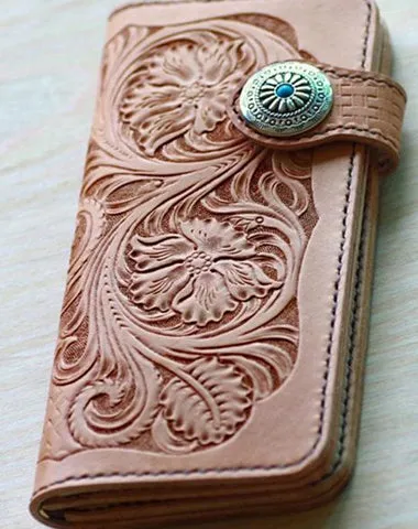 Handmade Mens Tooled Floral Beige Leather Long Biker Wallet Cool Long Chain Wallet for Men Cyber Monday wallet sale
