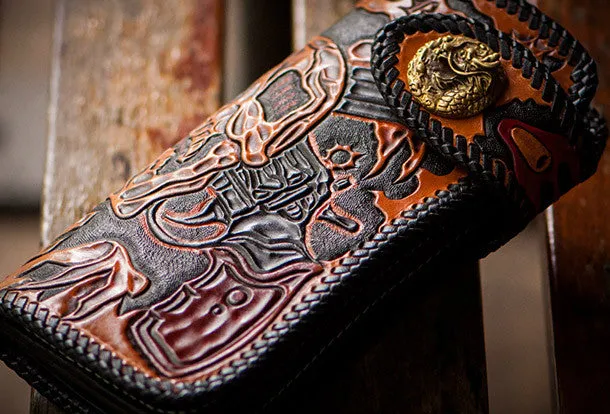 Handmade orange black coffee leather skull guns carved biker wallet Long wallet for men