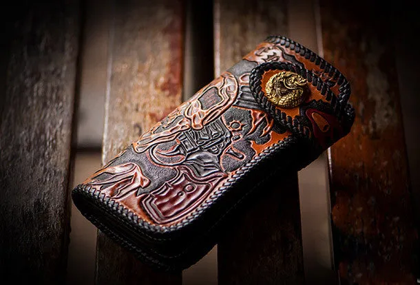 Handmade orange black coffee leather skull guns carved biker wallet Long wallet for men