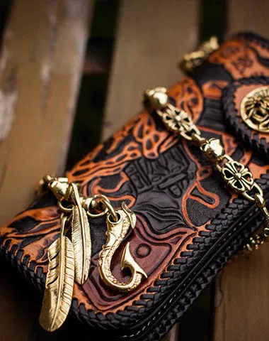 Handmade orange black coffee leather skull guns carved biker wallet Long wallet for men Free shipping wallets