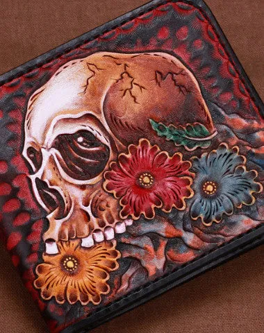 Handmade skull small leather wallet men tooled carved billfold wallet for him Free shipping wallets