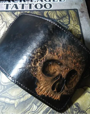 Handmade skull small leather Wallet on sale men tooled cool billfold Wallet on sale for him