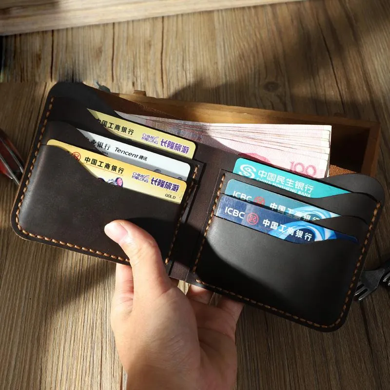Handmade Slim Black Leather Mens Billfold Wallet on sale Personalize Bifold Small Wallets on sale for Men