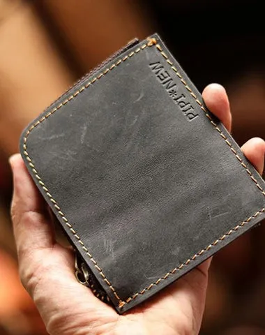 Handmade Slim Black Leather Mens billfold Wallet on sale Zipper Small Wallet on sale Front Pocket Wallet on sale For Men