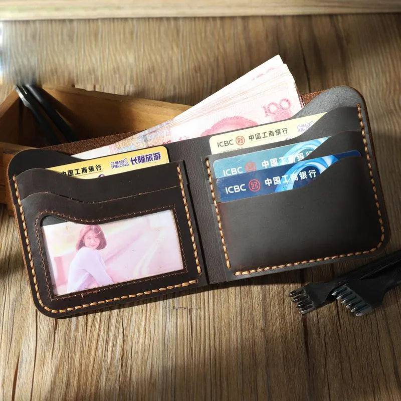 Handmade Slim Coffee Leather Mens Billfold Wallet on sale Personalize Bifold Small Wallets on sale for Men