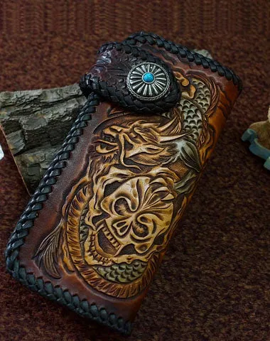Handmade tan black leather Skull dragon carved biker wallet chain Long wallet for men Free shipping wallets
