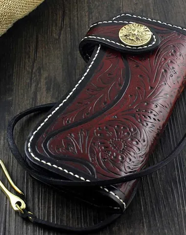 Handmade Tooled Leather Men's Biker Wallet Motorcycle Wallet Long Wallet with Chain For Men Cyber Monday wallet sale