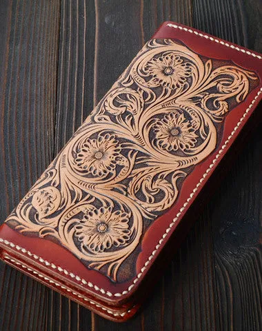 Handmade vintage black brown floral leather long wallet purse clutch for men Cyber Monday wallet sale