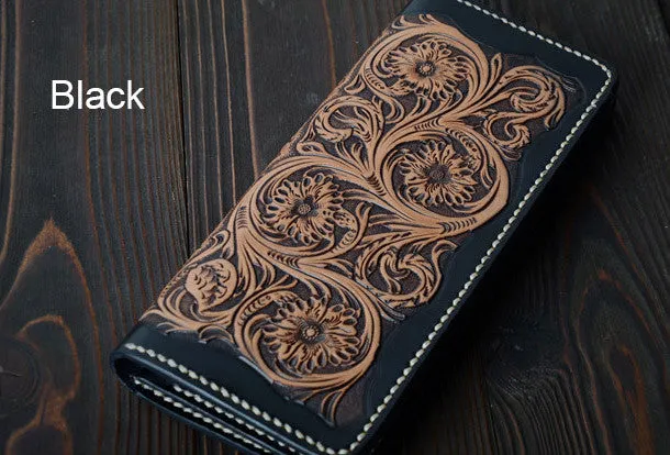 Handmade vintage black brown floral leather long wallet purse clutch for men