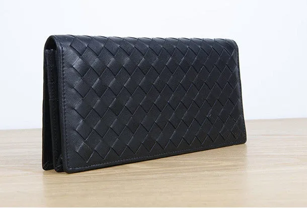 Handmade vintage knit leather clutch bag long wallet ID card holders slots for men