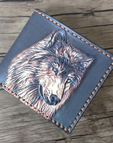 Handmade Wolf Black Tooled Leather billfold Wallet on sale Small Wallet on sale Cool Wallet on sale For Men