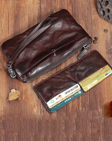 Handmade Wrinkled Leather Mens Brown Cool Long Wristlet Wallet Black Clutch Wallet for Men Cyber Monday wallet sale