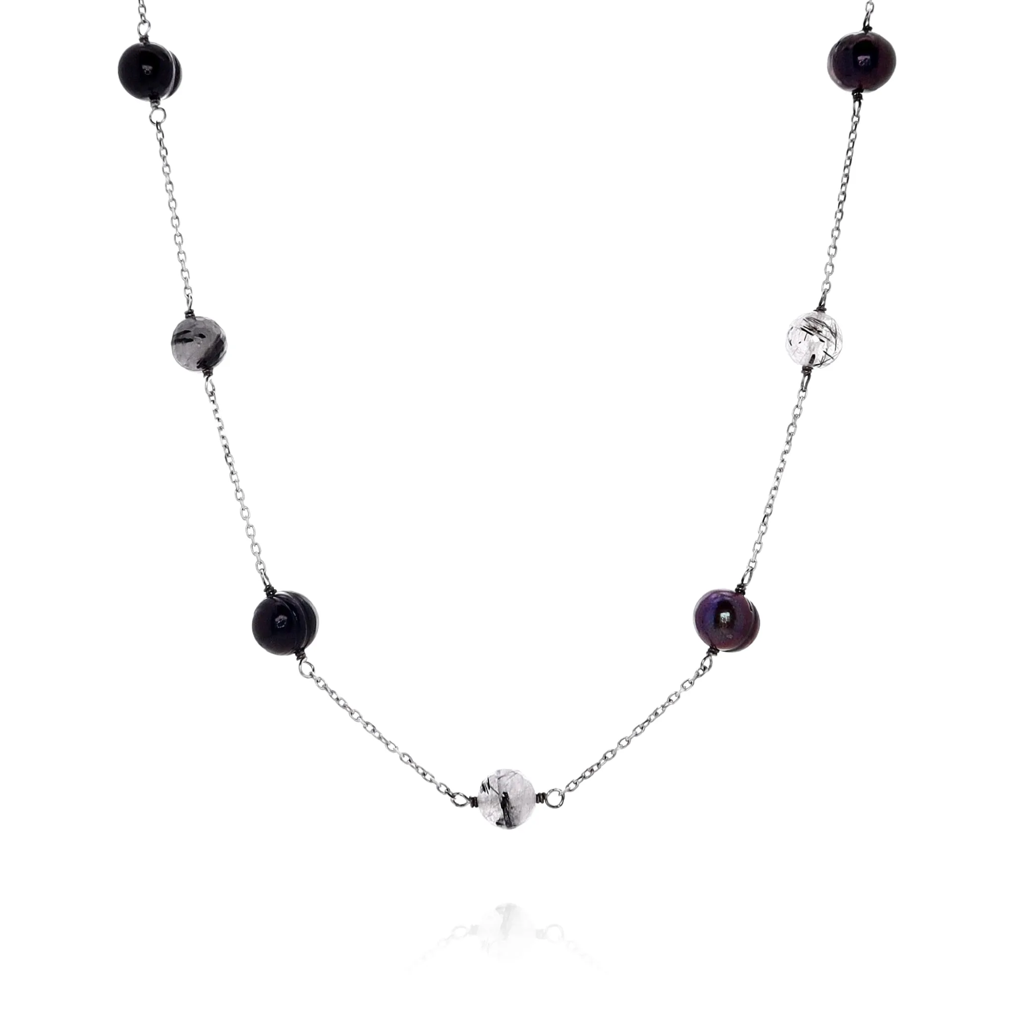 Honora Sterling Silver 18" Jet Ring Pearl and Rutile Station Necklace 