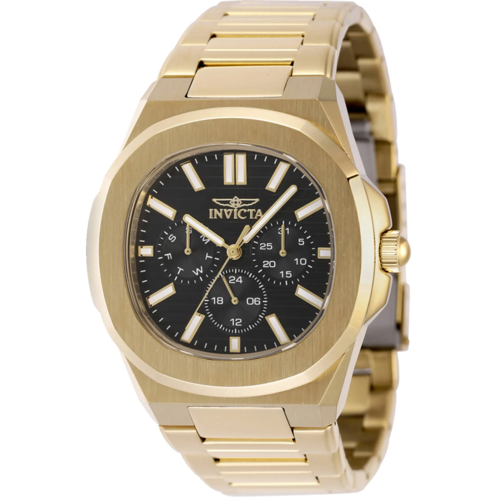 Invicta Men's Watch - Speedway Quartz Day-Date Black Dial Yellow Gold Bracelet | 48521 