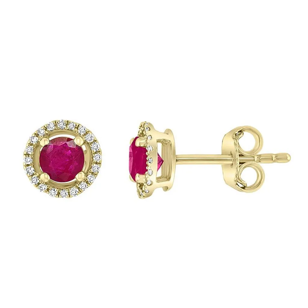 July Birthstone Earrings: 14K Yellow Gold Diamond Halo Ruby Earrings 