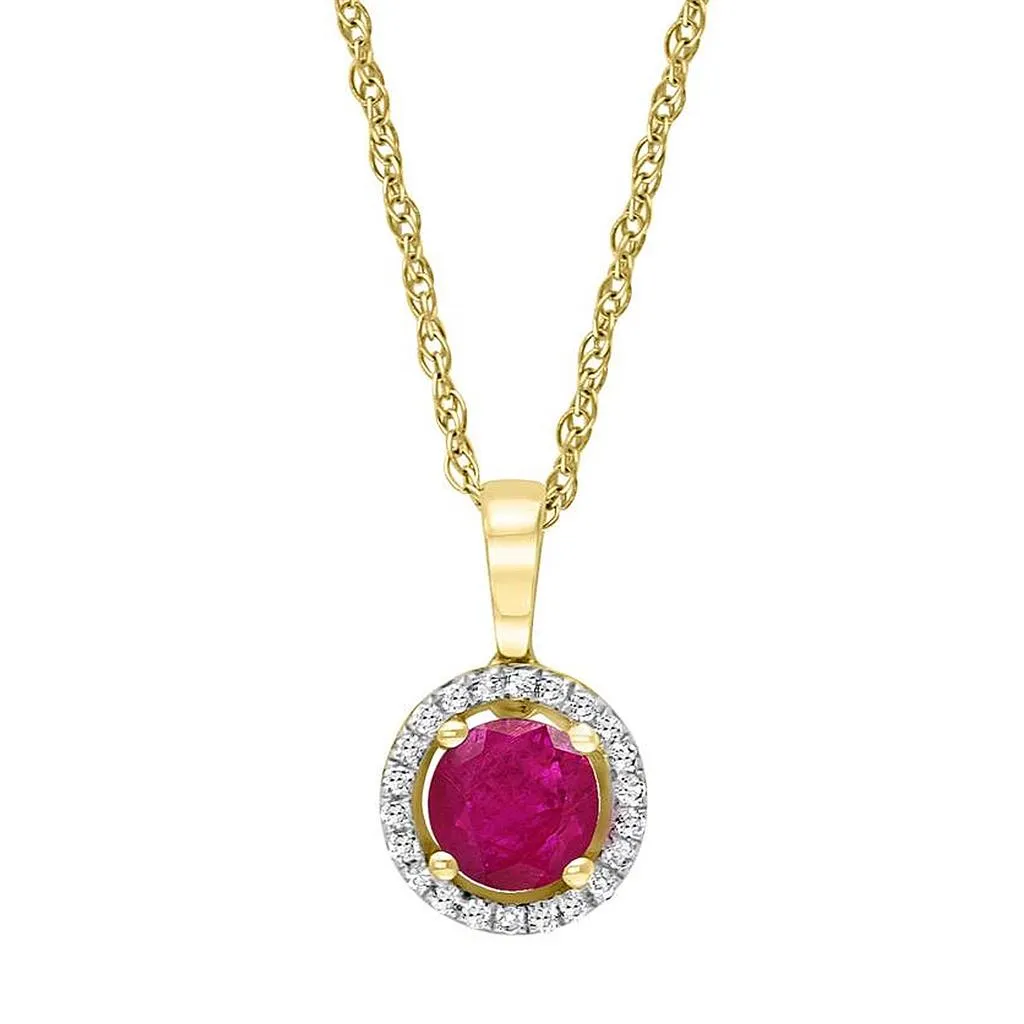 July Birthstone Pendant: 14K Yellow Gold Diamond And Ruby Halo Pendant Necklace 