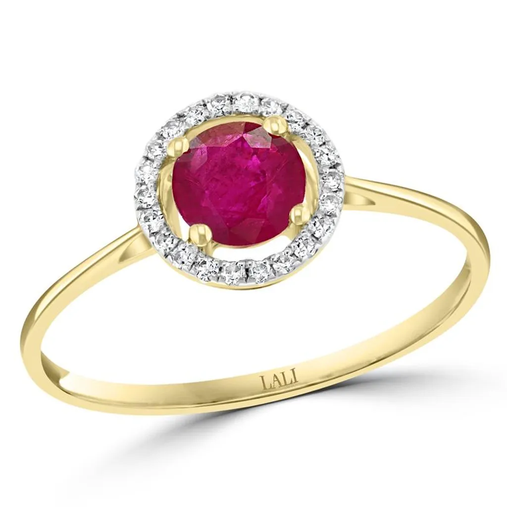 July Birthstone Rings: 14K Yellow Gold Diamond And Ruby Halo Ring 