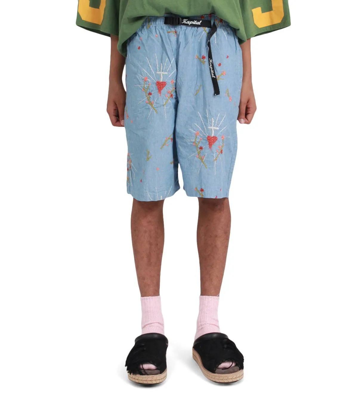 Kapital Chambray Corazon Embroidery Easy Shorts Sax