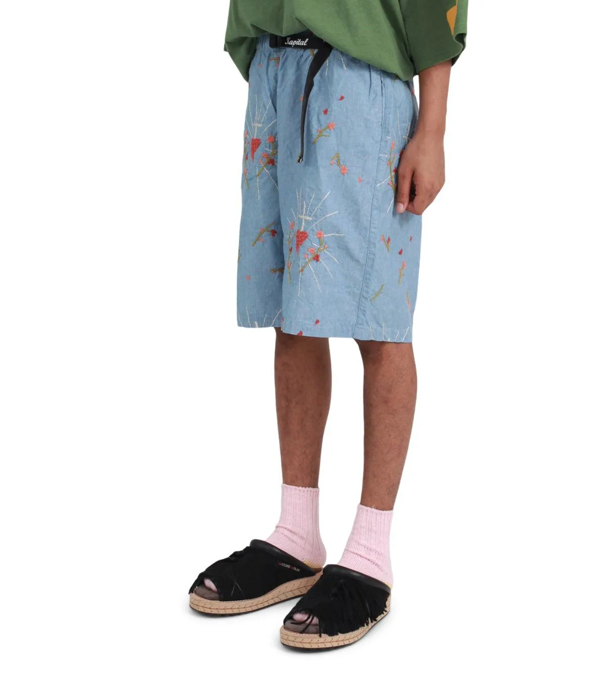 Kapital Chambray Corazon Embroidery Easy Shorts Sax