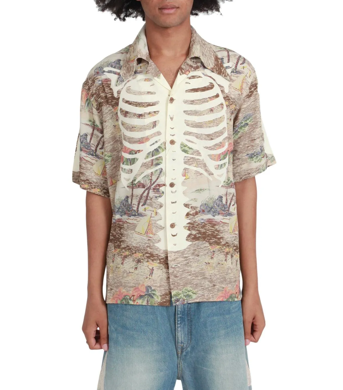 Kapital Rayon Kamehameha Bone Wrangle Collar Aloha Brown