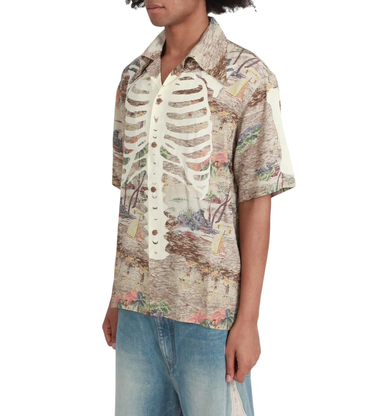 Kapital Rayon Kamehameha Bone Wrangle Collar Aloha Brown