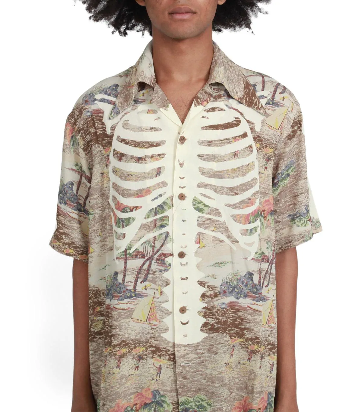 Kapital Rayon Kamehameha Bone Wrangle Collar Aloha Brown