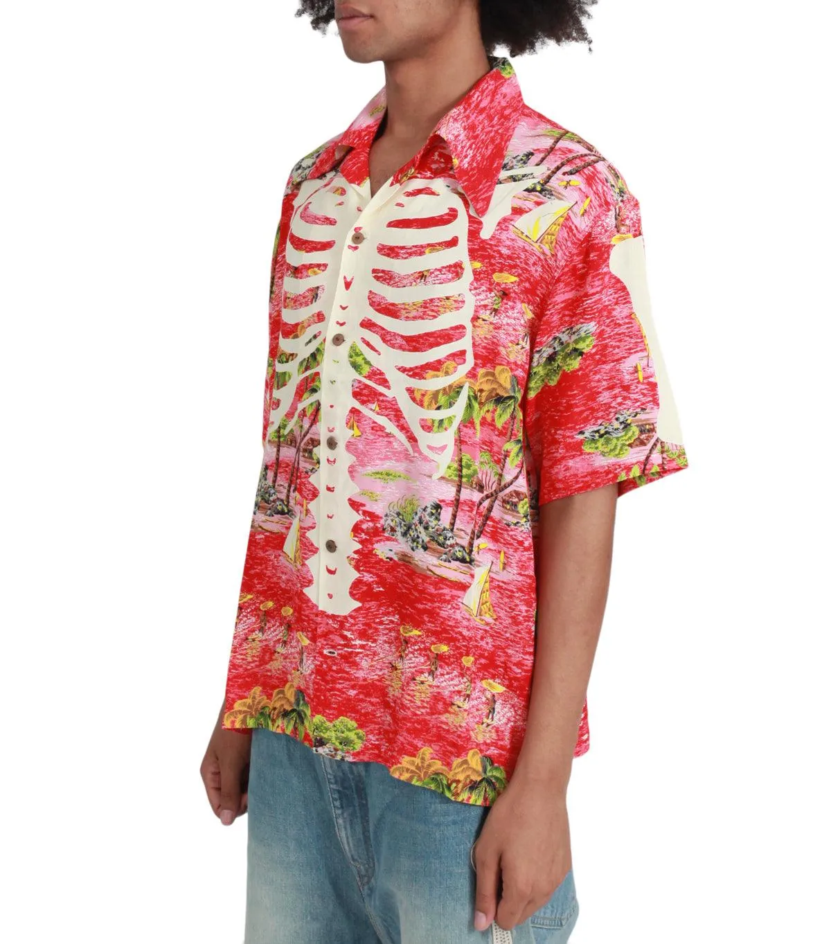 Kapital Rayon Kamehameha Bone Wrangle Collar Aloha Red