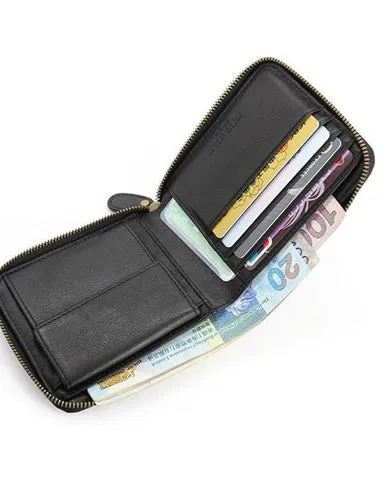 Leather Mens Black Zipper Small Wallet on sale Front Pocket Wallet on sale billfold Small Wallet on sale for Men