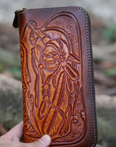 Leather Skull Tooled Mens Handmade Long Wallet Cool Death Zip Leather Wallet Clutch Wallet for Men Free shipping wallets