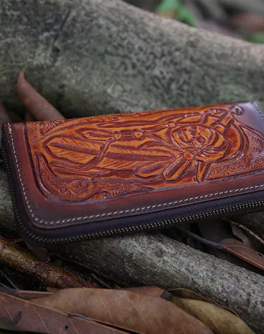 Leather Skull Tooled Mens Handmade Long Wallets Cool Death Zip Leather Wallet Clutch Wallet for Men Free shipping wallets