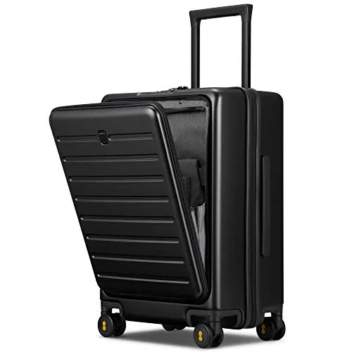 LEVEL8 Carry On Luggage, Road Runner 20-Inch Hardside Suitcase, Spinner Luggage with Front Pocket, Double TSA Locks - Black mega luggage savings