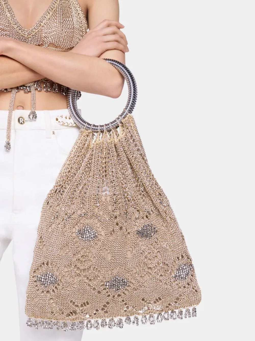 Light Gold Crochet Beaded Bag