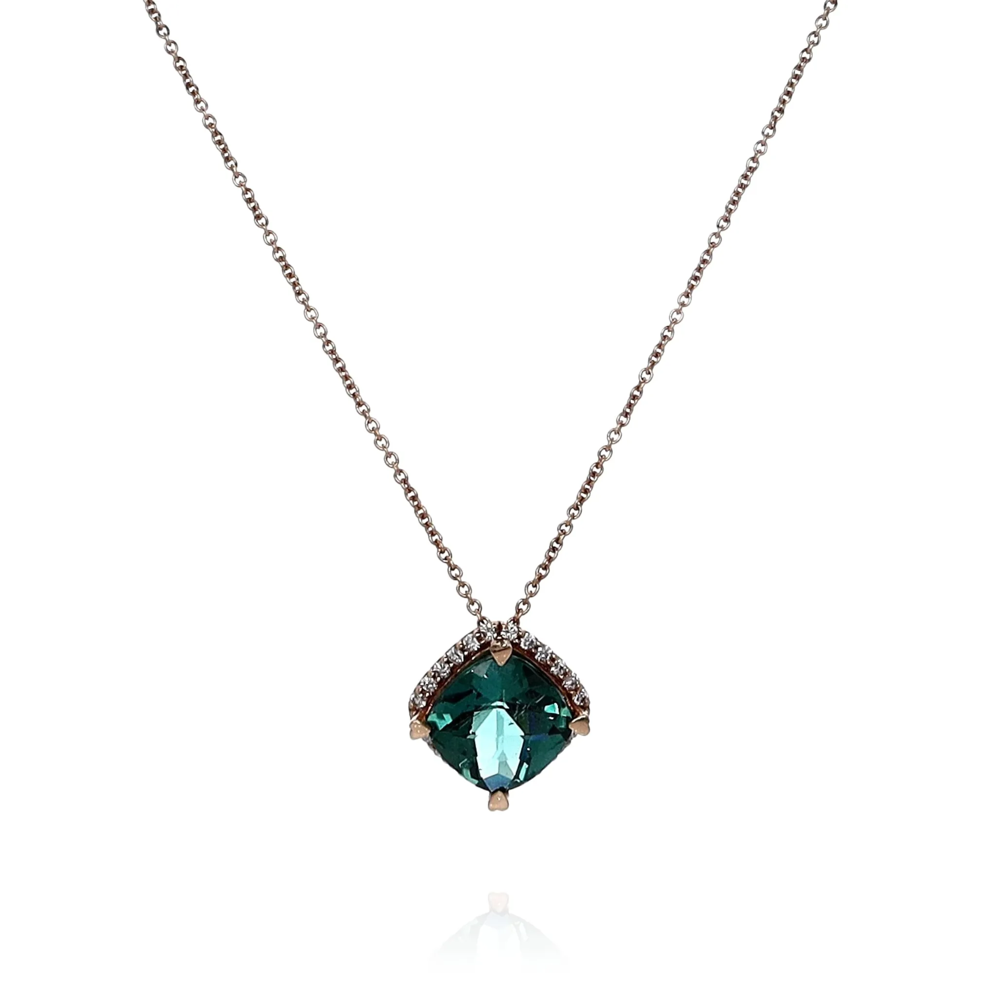 Lisa Nik 18k Rose Gold Cushion Indicolite and Diamond Halo Pendant Necklace 