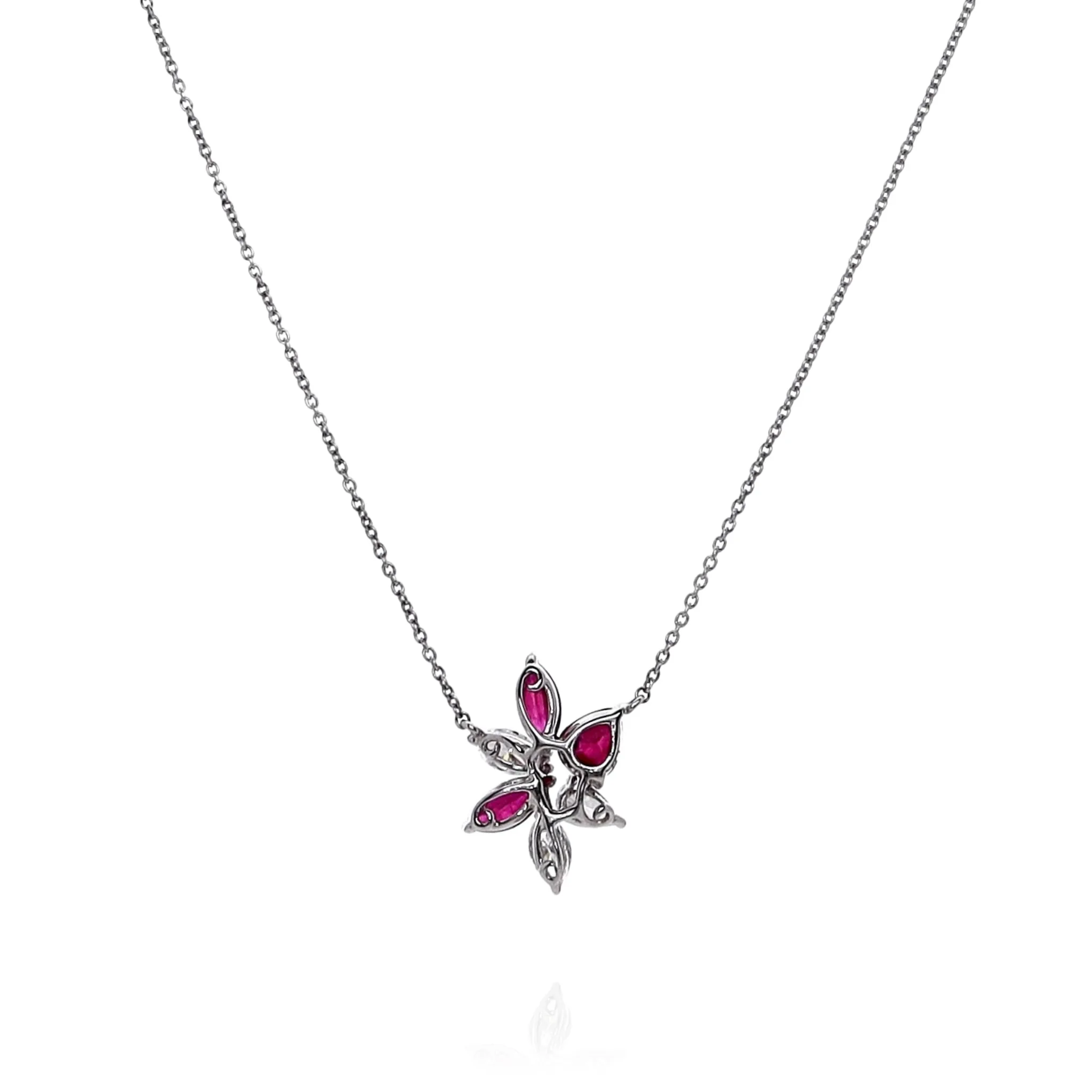 Lisa Nik 18k White Gold Flower Design Ruby and Diamond Pendant Necklace