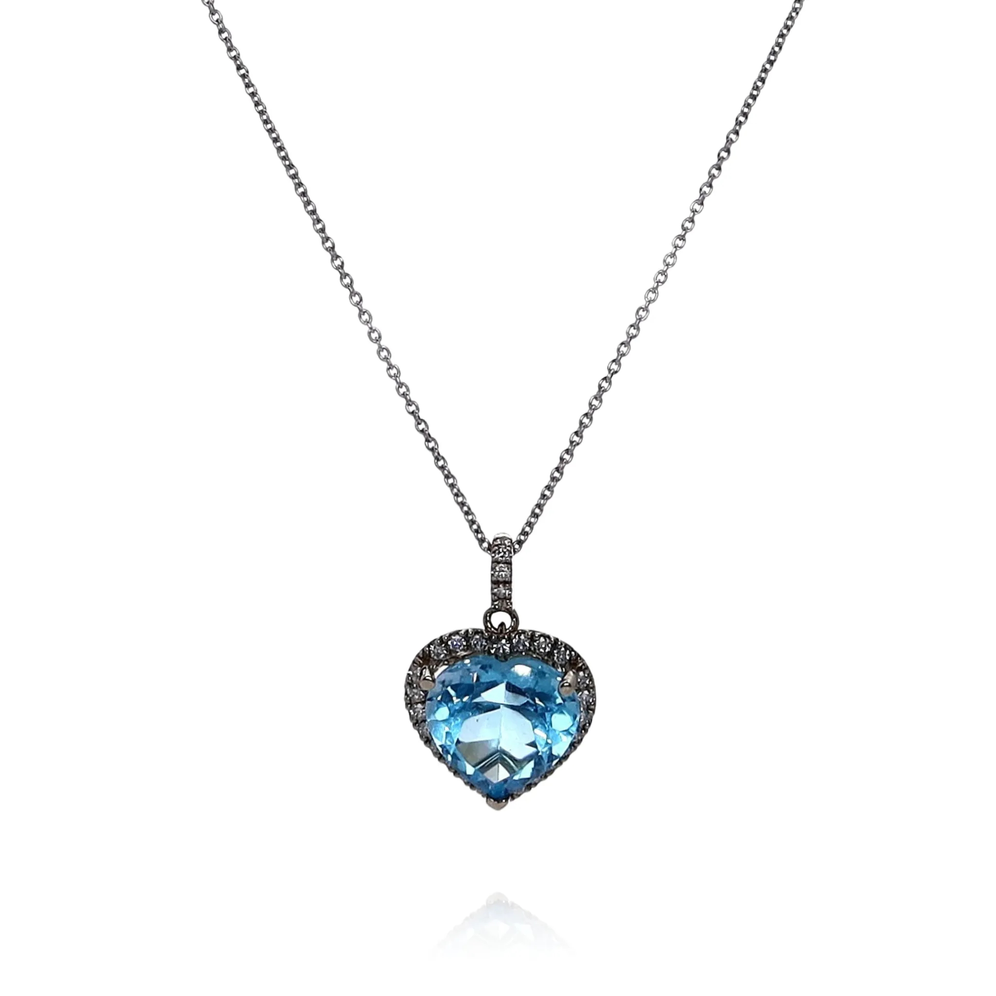 Lisa Nik 18k White Gold Heart Shaped Blue Topaz and Diamond Halo Pendant Necklace 