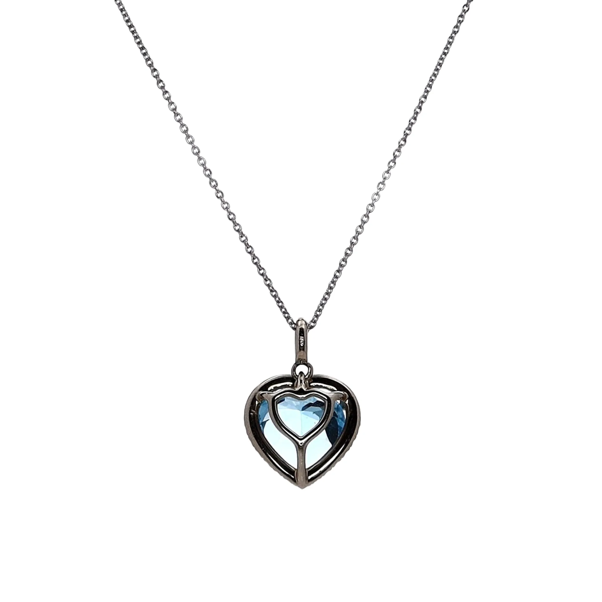 Lisa Nik 18k White Gold Heart Shaped Blue Topaz and Diamond Halo Pendant Necklace