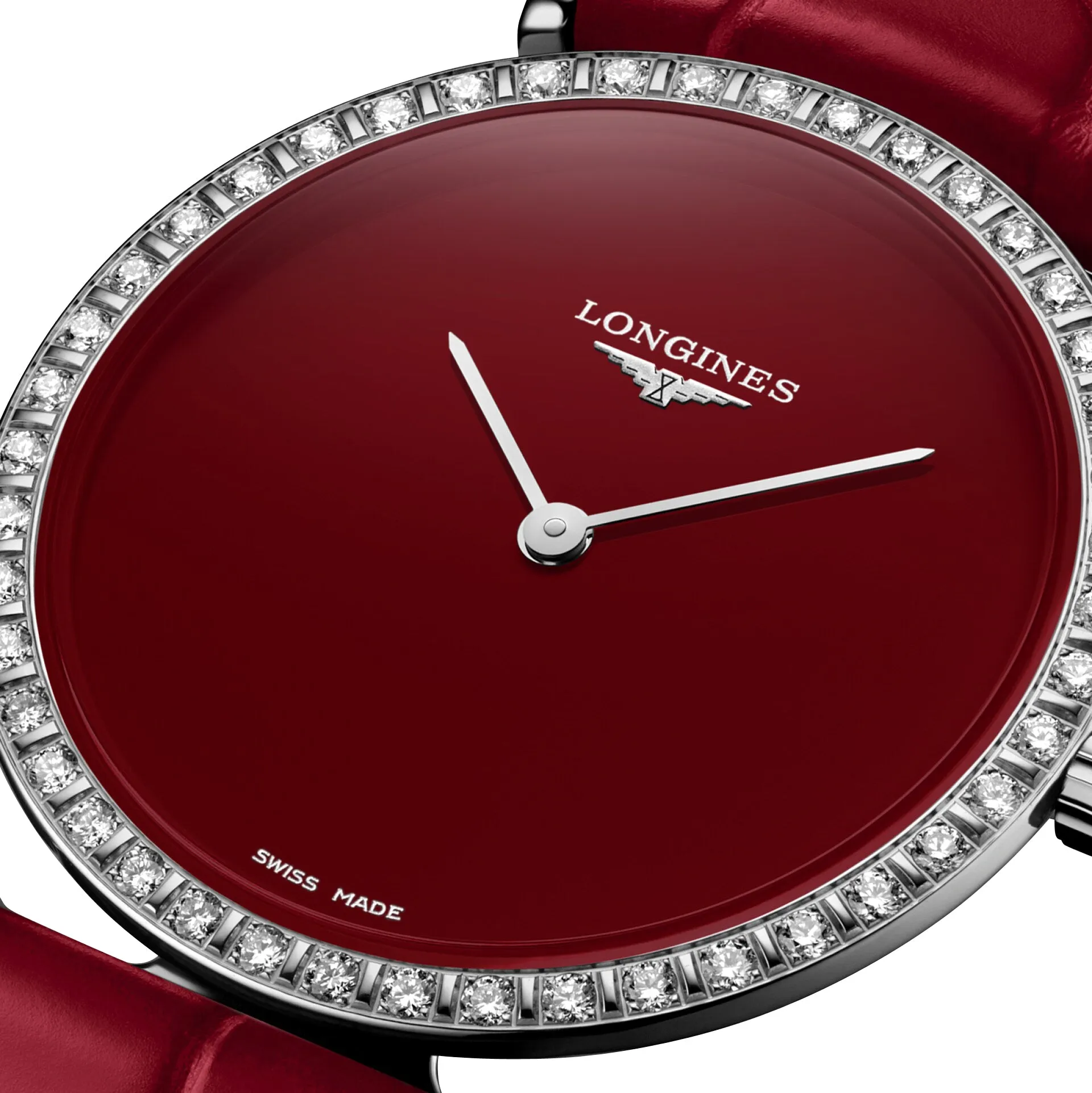 Longines La Grande Classique Monochrome Stainless Steel Red Dial Red Leather Strap Diamonds Quartz Womens Watch L4.523.0.91.2
