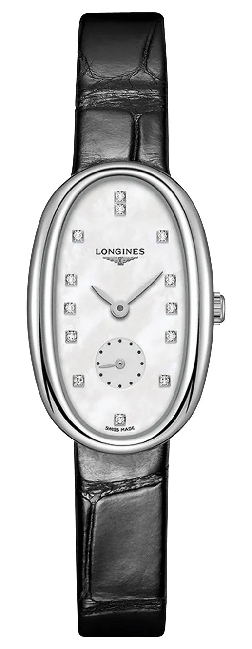 Longines Symphonette Stainless Steel Mother-of-Pearl Dial Black Leather Strap Diamonds Quartz Womens Watch L2.306.4.87.0