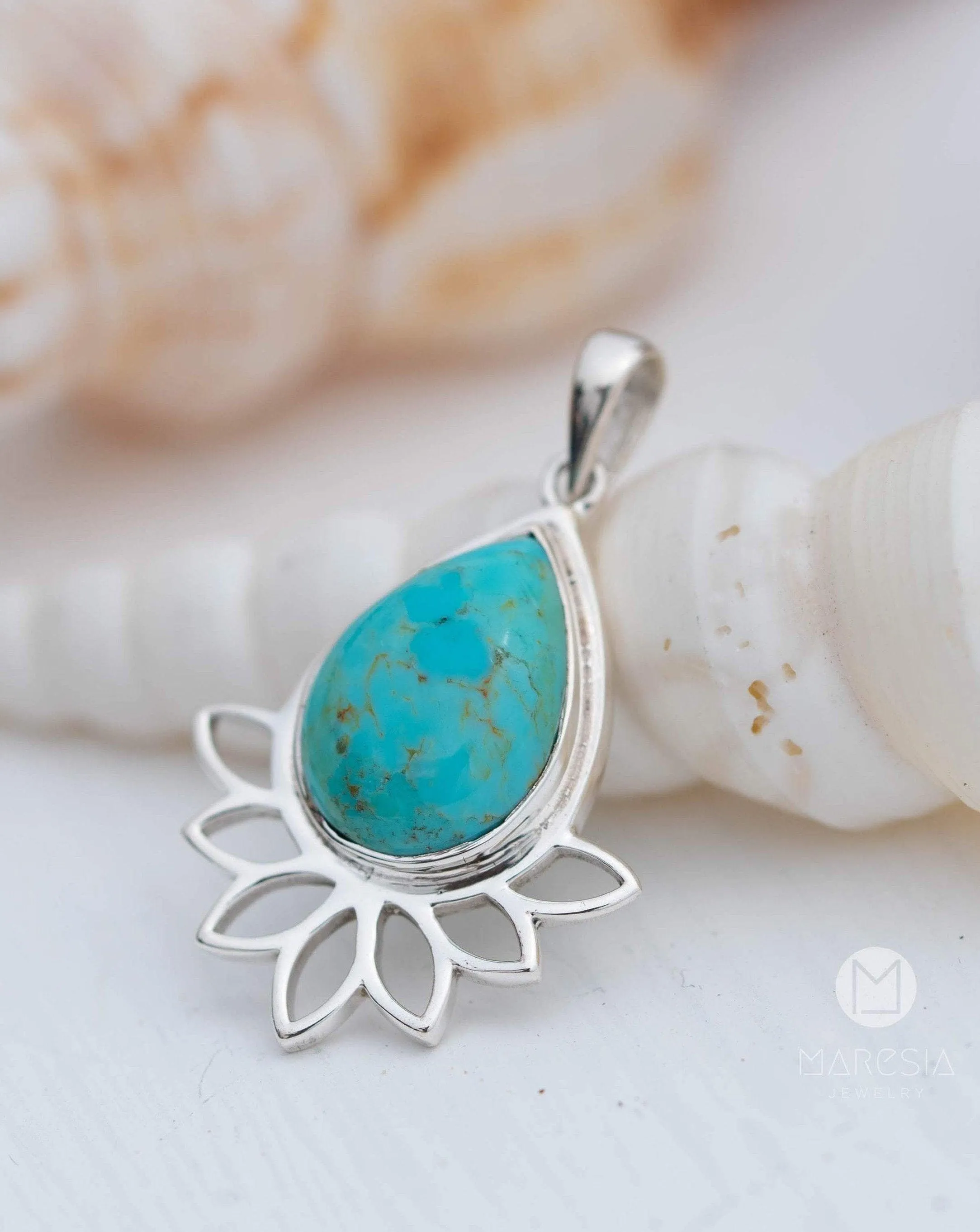 Lotus flower Turquoise or Moonstone Pendant ~ Sterling Silver 925 ~ MP002
