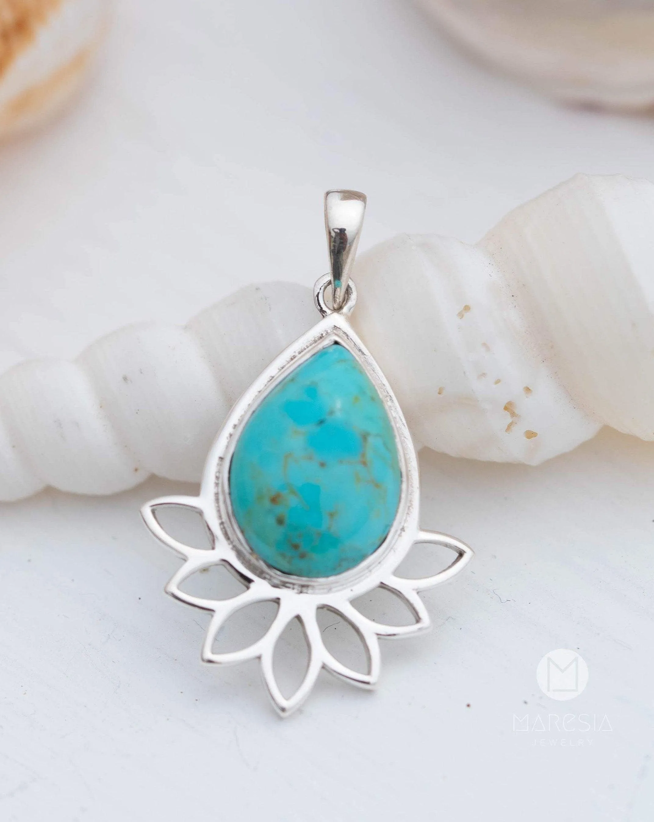 Lotus flower Turquoise or Moonstone Pendant ~ Sterling Silver 925 ~ MP002