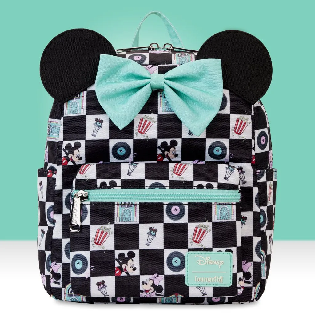 Loungefly X Disney Mickey And Minnie Date Night Diner AOP Mini luxury backpacks at outlet prices