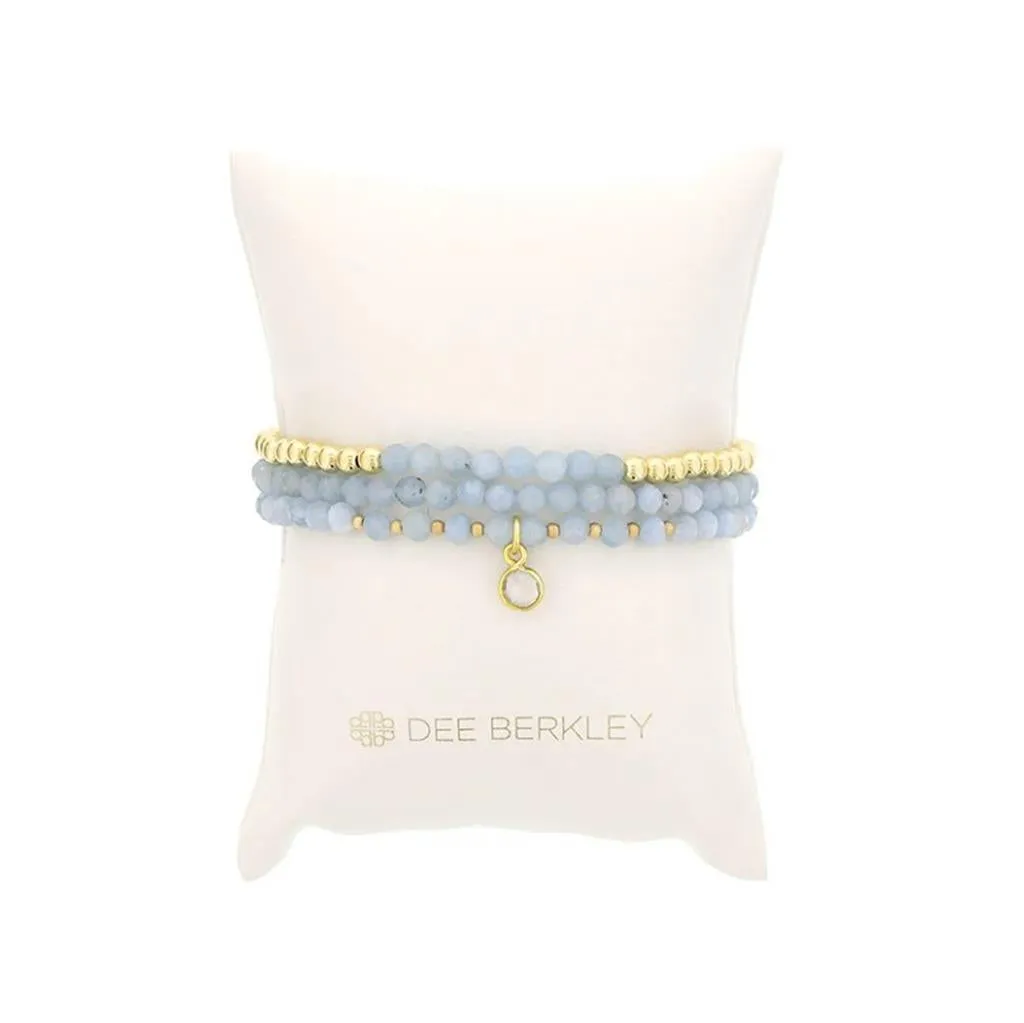 March Birthstone Bracelet Stack: Aquamarine And Gold Filled Beads Bracelet With Clear Quartz Bezel 