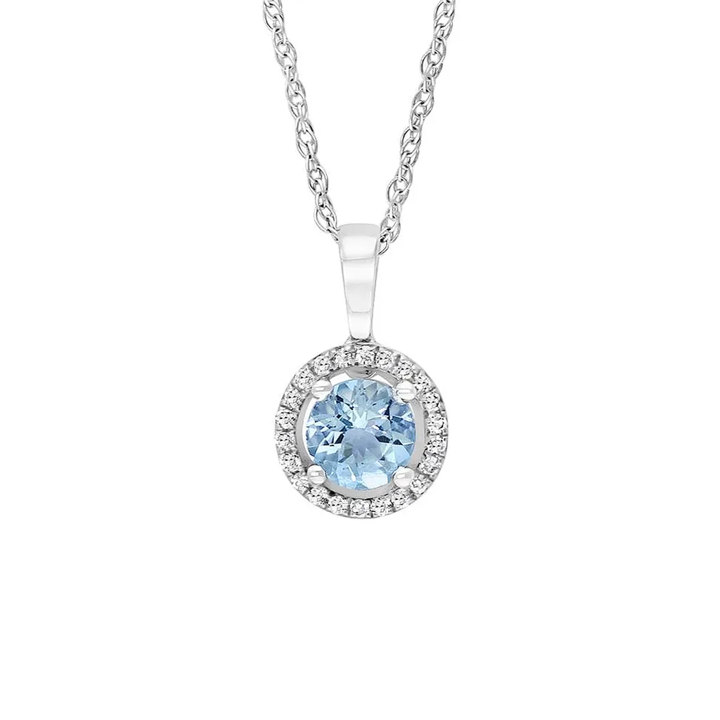 March Birthstone Pendant: 14K White Gold Diamond And Aquamarine Halo Pendant Necklace 