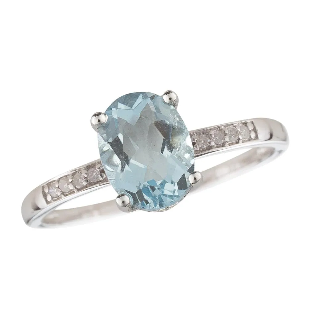 March Birthstone Rings: 14K White Gold Diamond And Aquamarine Ring 